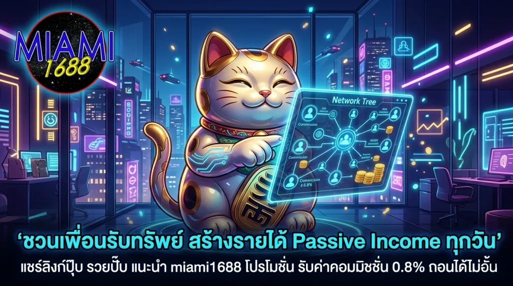 วิธีสร้างรายได้ Passive Income จาก miami1688 โปรโมชั่น แนะนำเพื่อน รับค่าคอมมิชชั่น 0.8% ตลอดชีพ